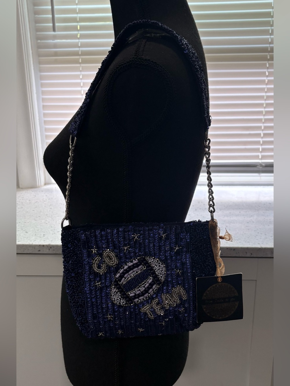 NWT From India to You Viral Beaded Navy Shoulder Bag- Football Motif GO TEAM